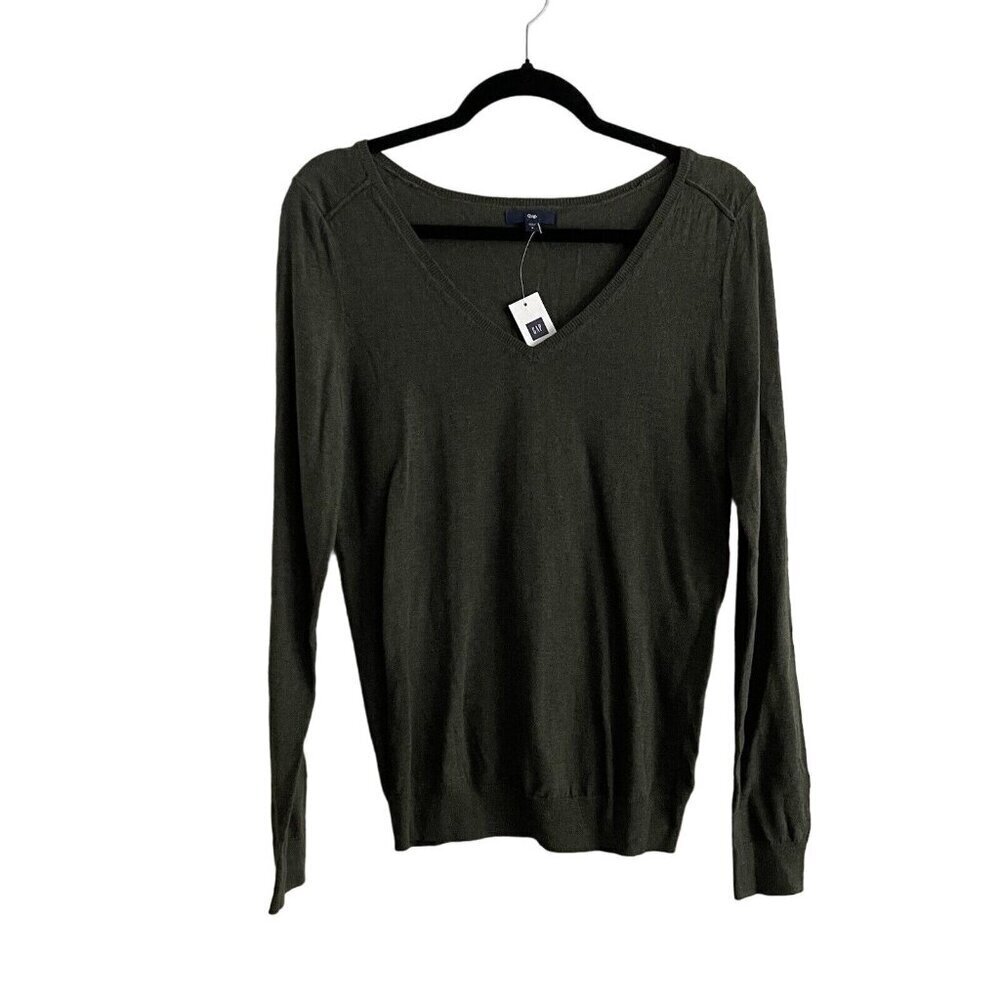Gap Women S Olive Green V-Neck Wool Blend L/S Pullover Lightweight Sweater NWT